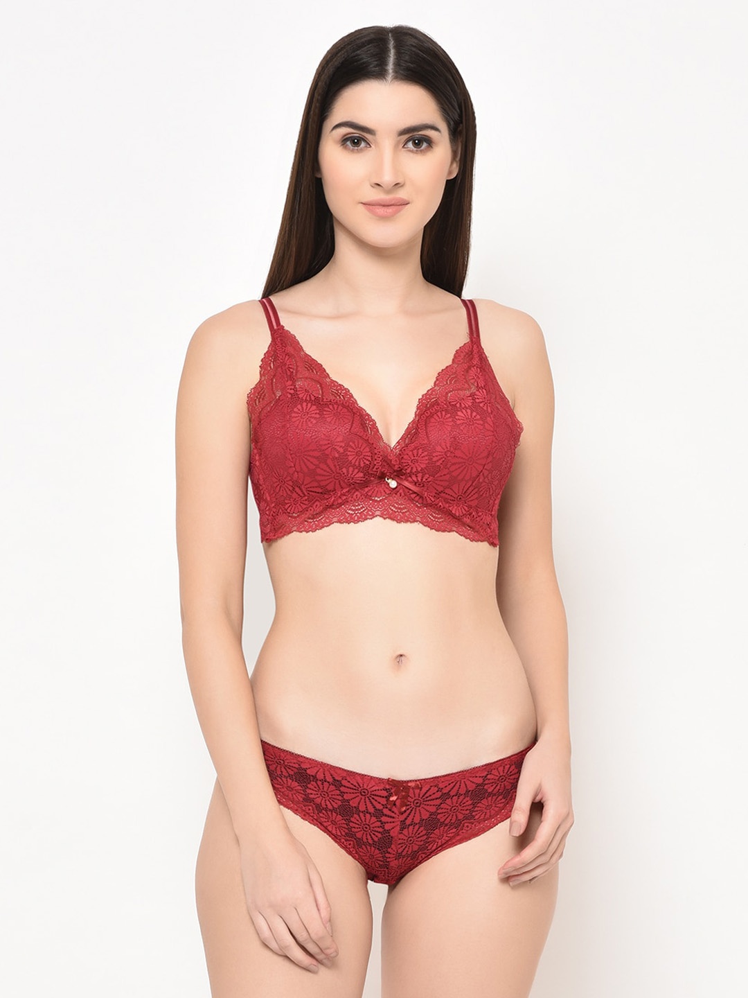 

Da Intimo Lightly Padded Laced Lingerie Set, Maroon