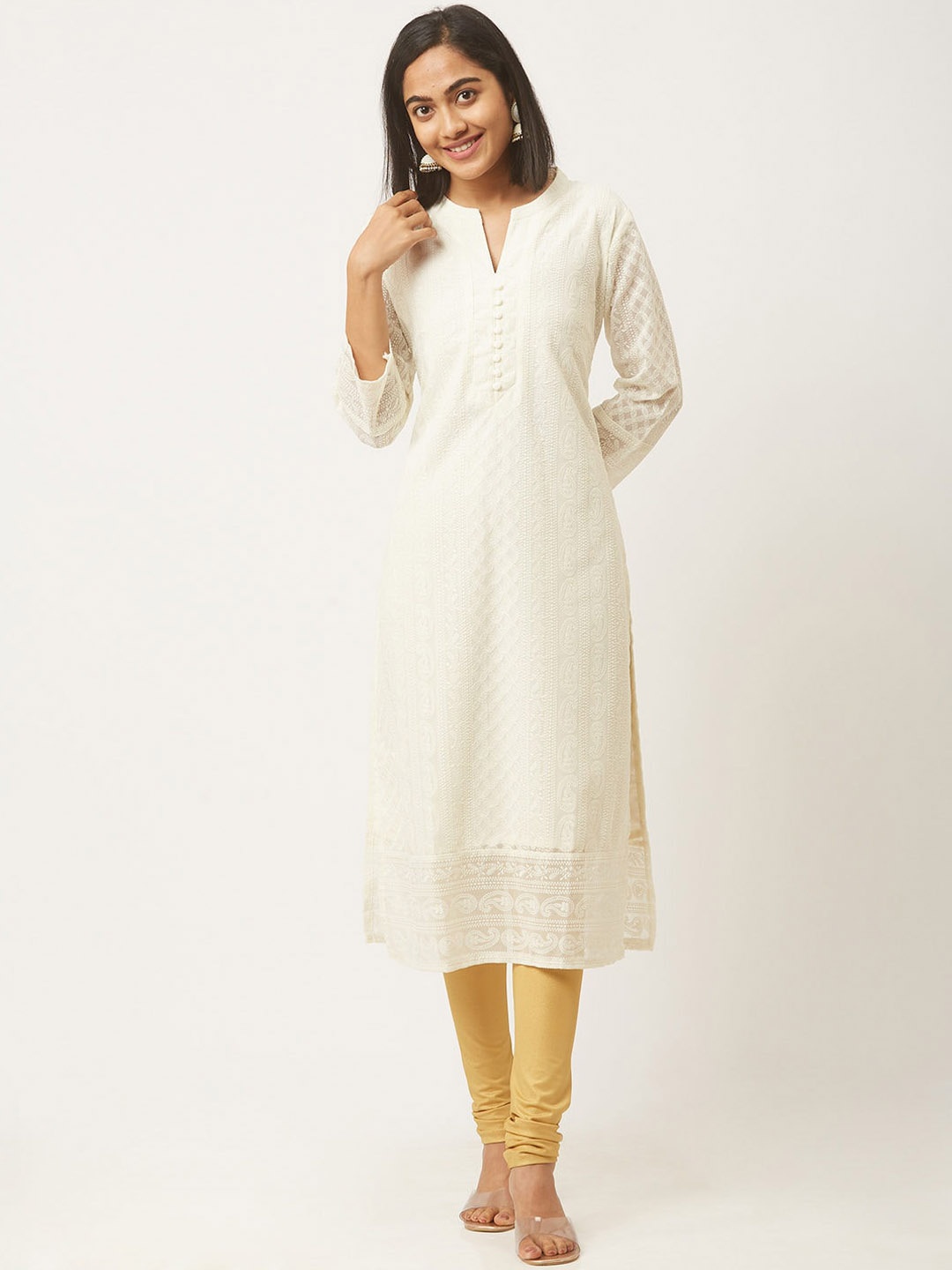 

ZOLA Women Off White Embroidered Round Neck Chikankari Georgette Regular Kurta
