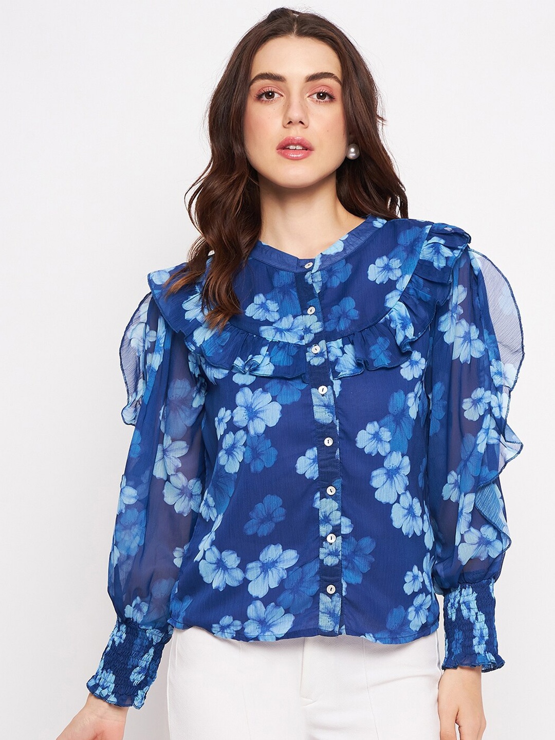 

DELAN Floral Printed Ruffles Shirt Style Top, Navy blue