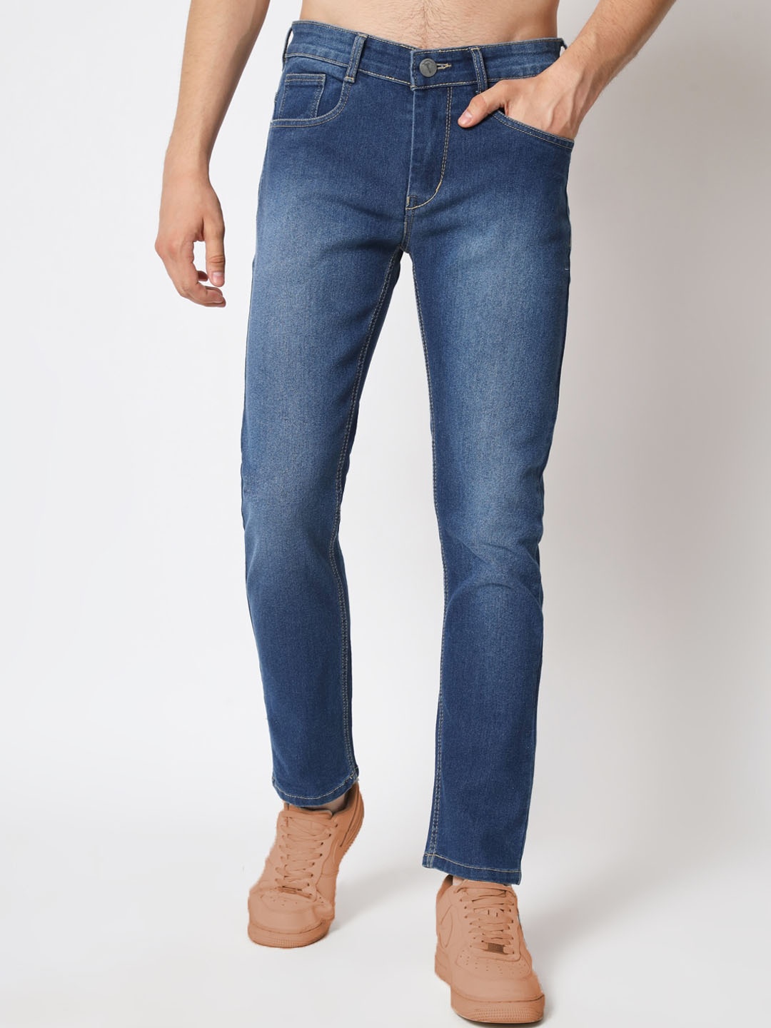 

RAGZO Men Mid Rise Slim Fit Clean Look Heavy Fade Stretchable Jeans, Blue
