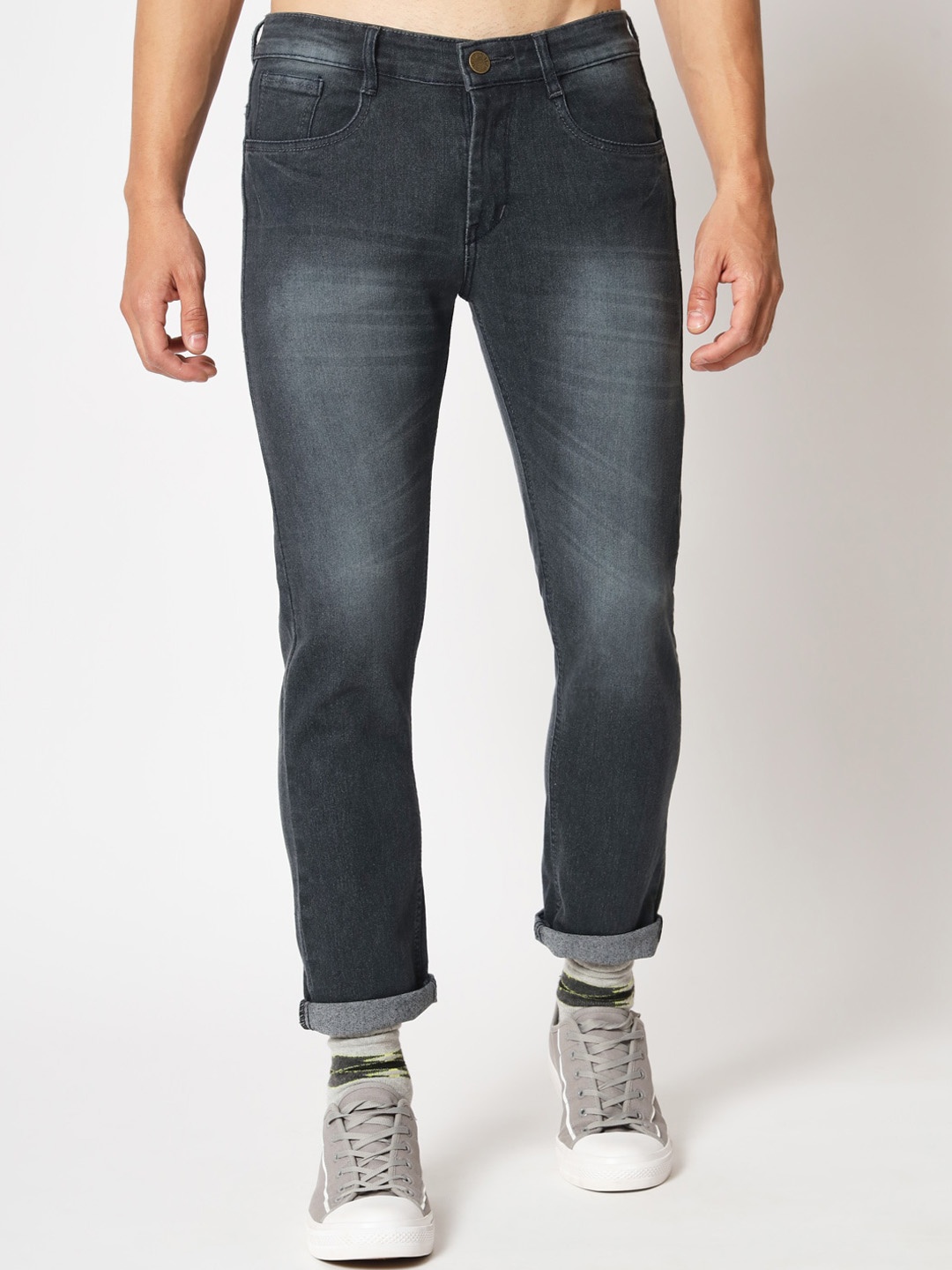 

RAGZO Men Mid Rise Slim Fit Clean Look Heavy Fade Stretchable Jeans, Grey