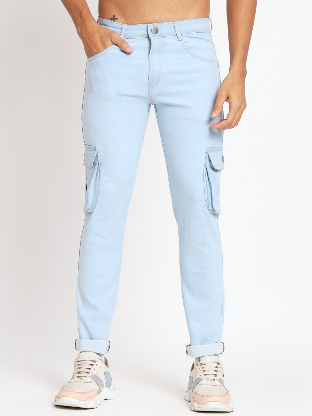

RAGZO Men Mid Rise Slim Fit Clean Look Stretchable Cargo Jeans, Blue