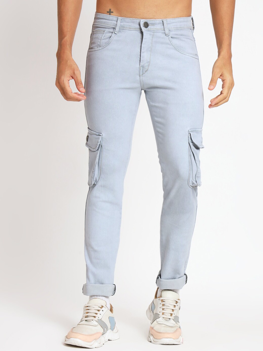 

RAGZO Men Mid Rise Slim Fit Clean Look Stretchable Cargo Jeans, Blue