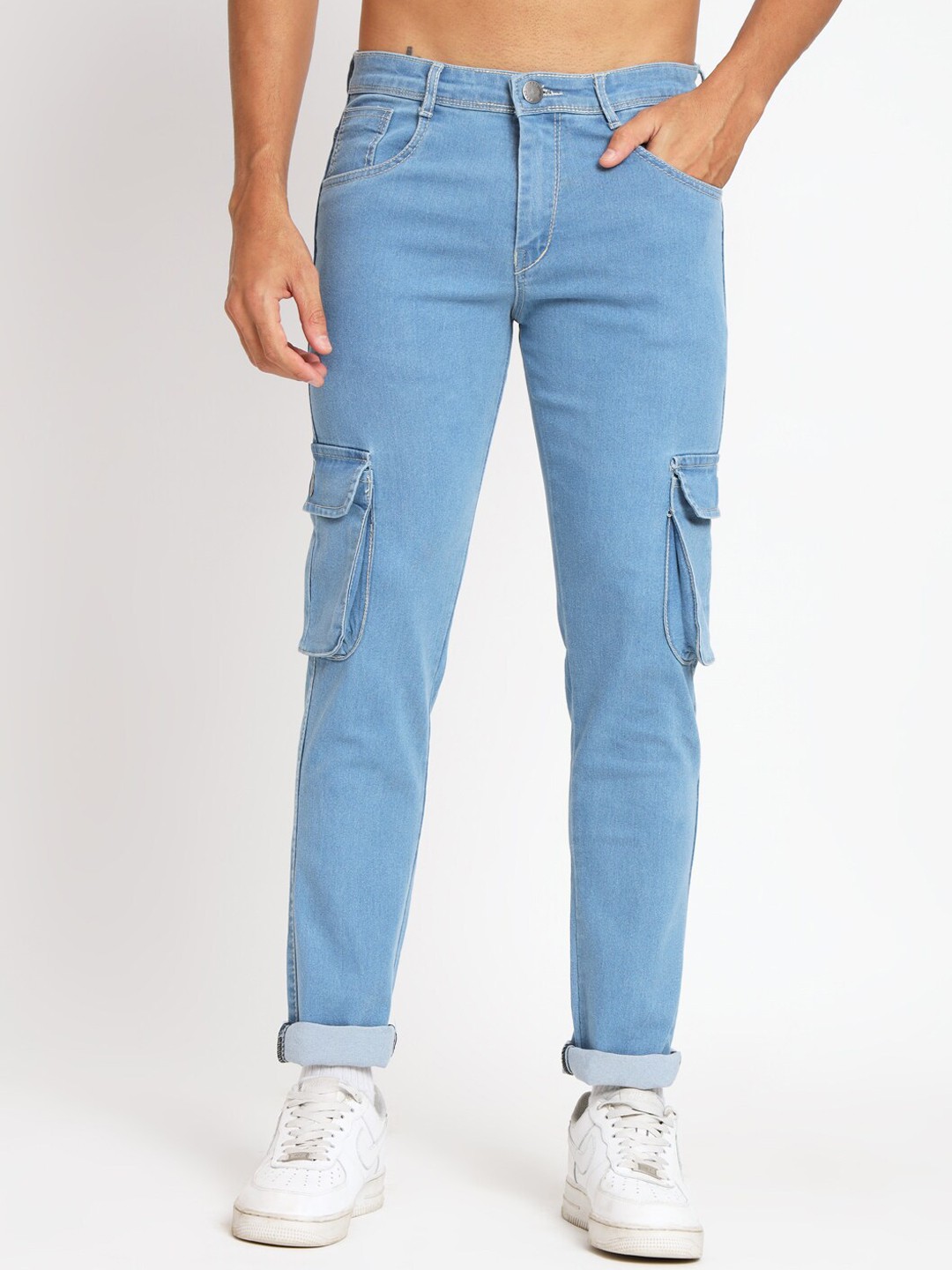 

RAGZO Men Mid Rise Slim Fit Clean Look Stretchable Cargo Jeans, Blue