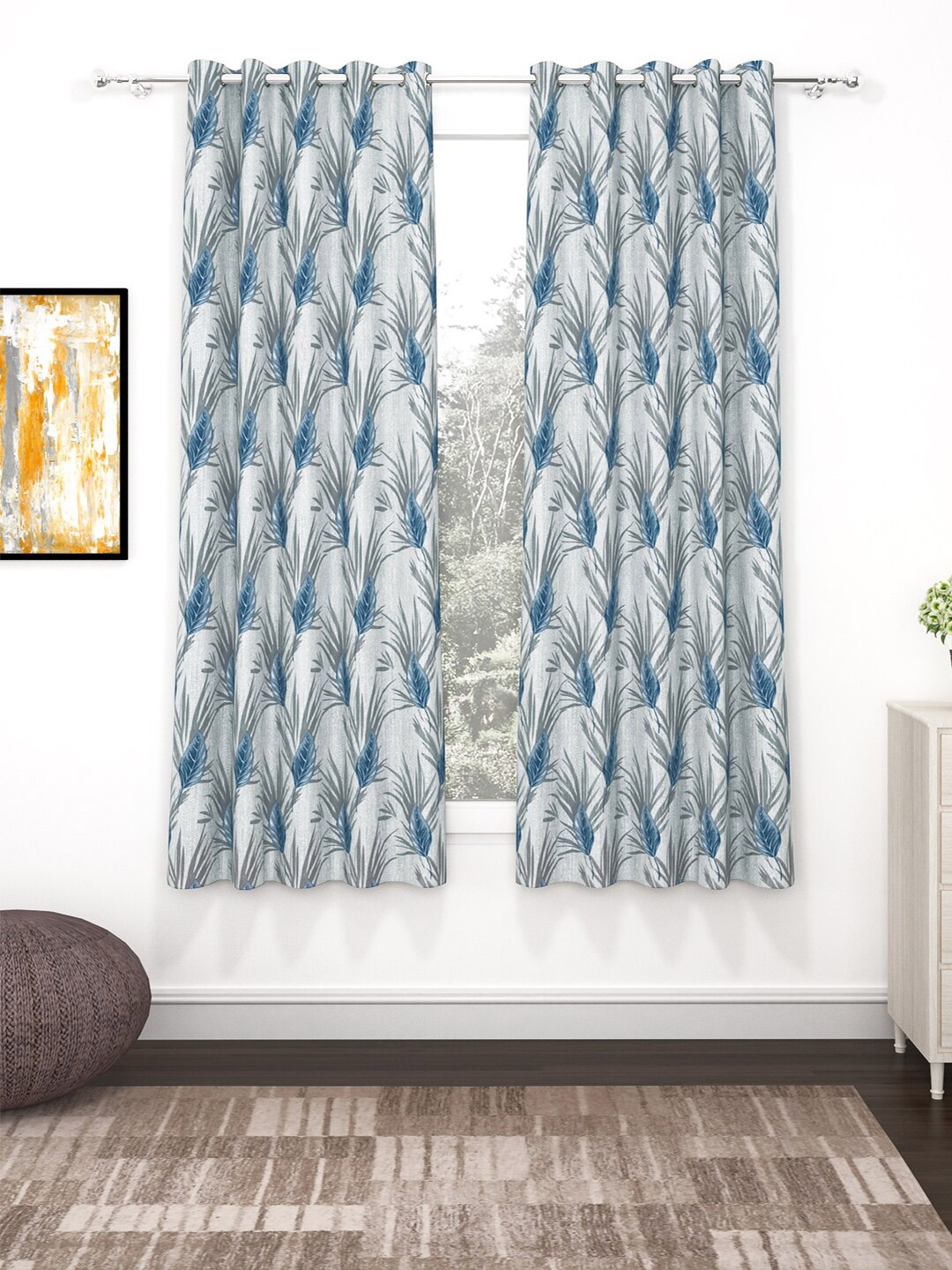 

Bedspun Raga Grey & Blue 2 Pieces Floral Window Curtains