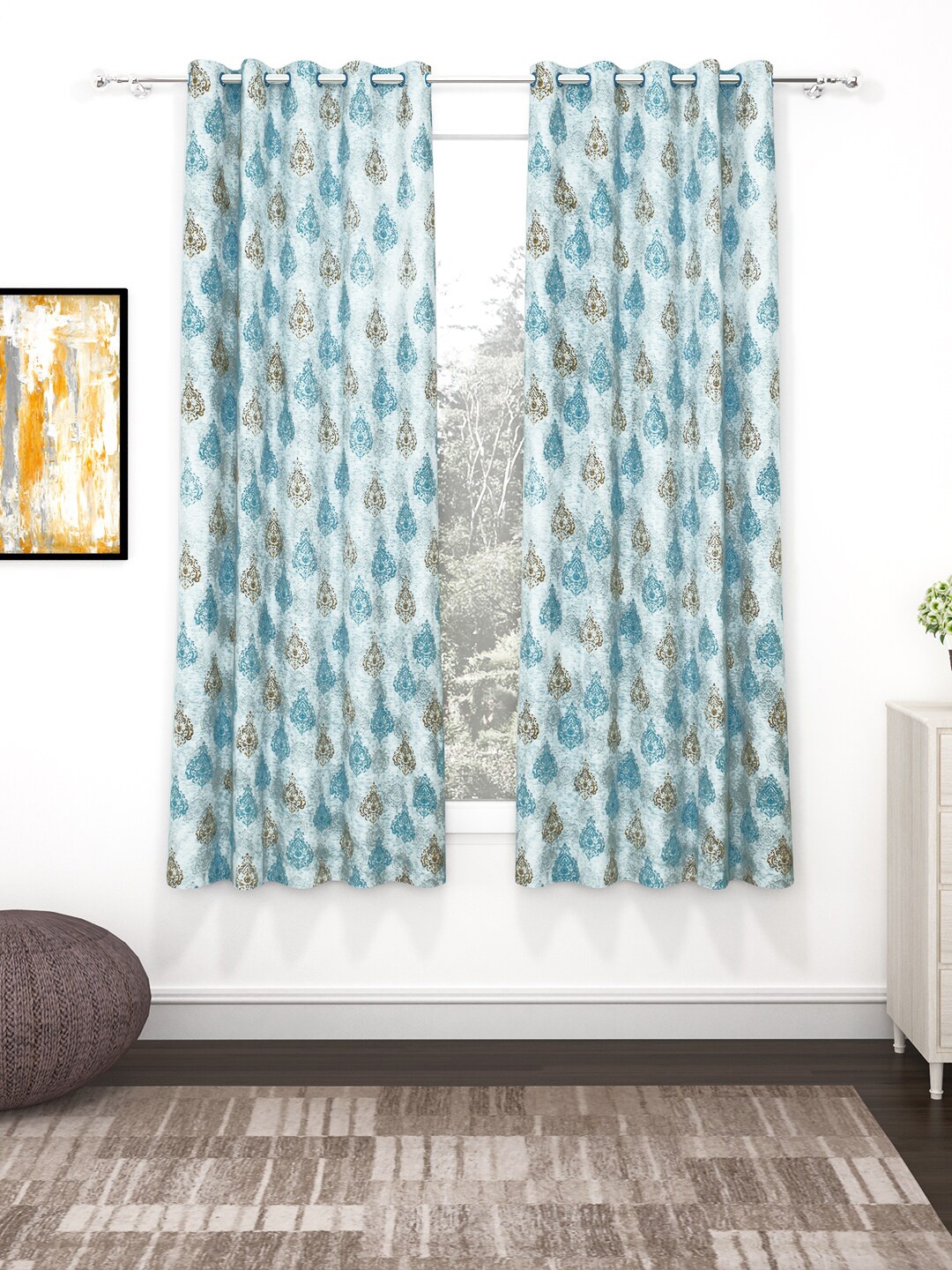 

Bedspun Raga White & Teal 2 Pieces Floral Window Curtains