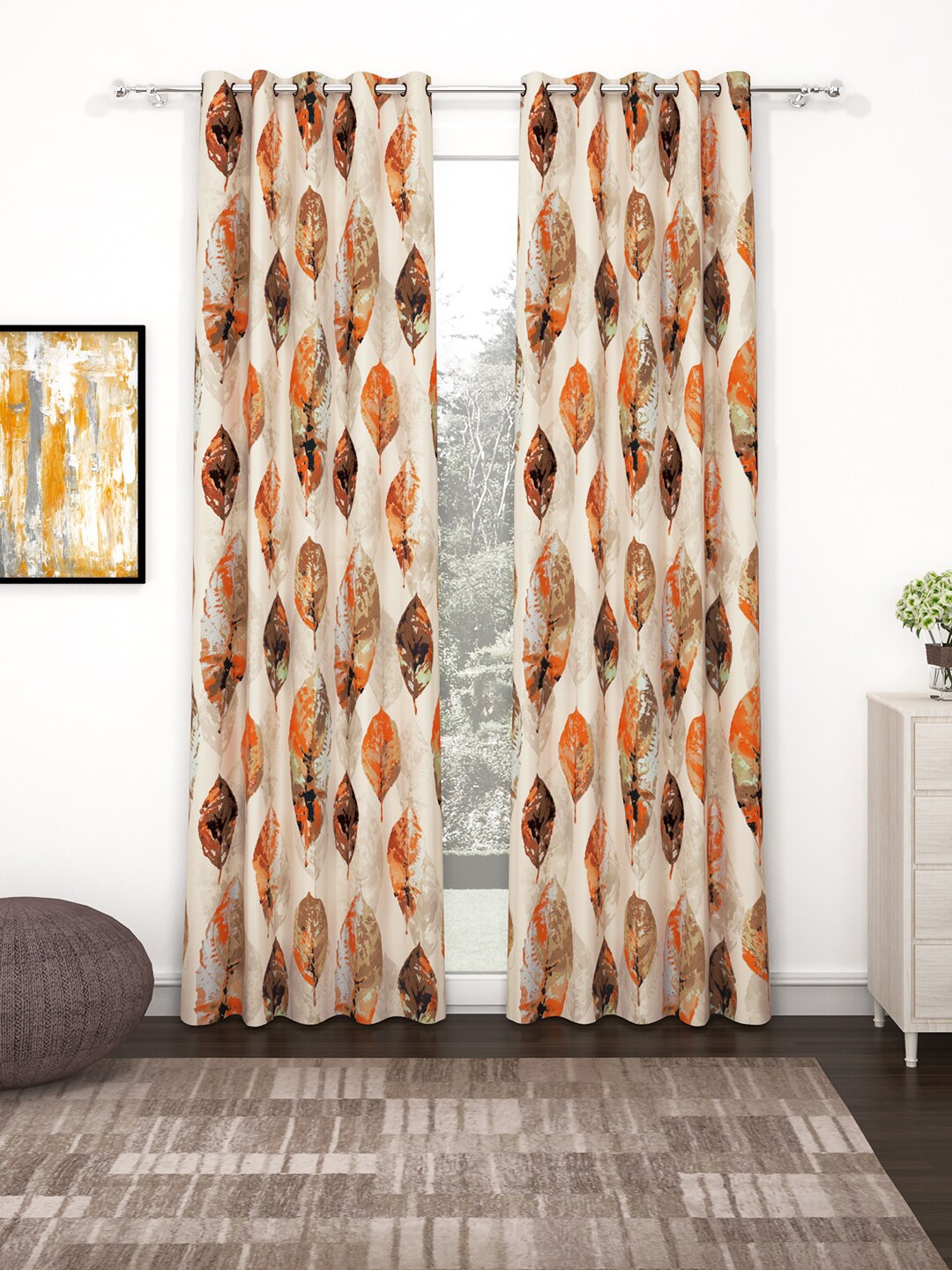 

Bedspun Raga Beige & Orange 2 Pieces Floral Door Curtains