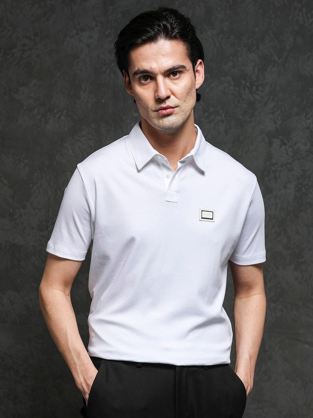 

RARE RABBIT Men Badger-1 Polo Collar Pure Cotton Slim Fit T-Shirt, White