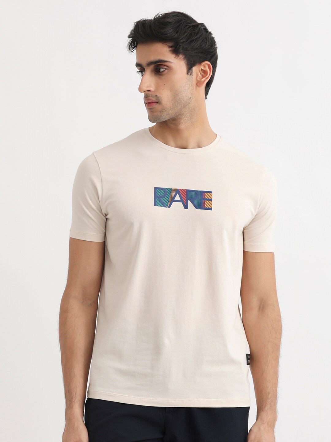 

RARE RABBIT Men Caxton Typography Printed Pure Cotton Slim Fit T-Shirt, Off white