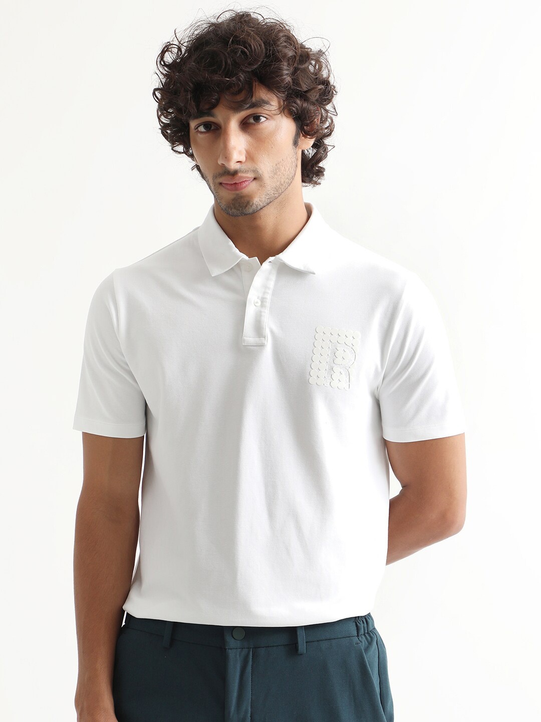 

RARE RABBIT Men Poka Polo Collar Pure Cotton Slim Fit T-Shirt, White