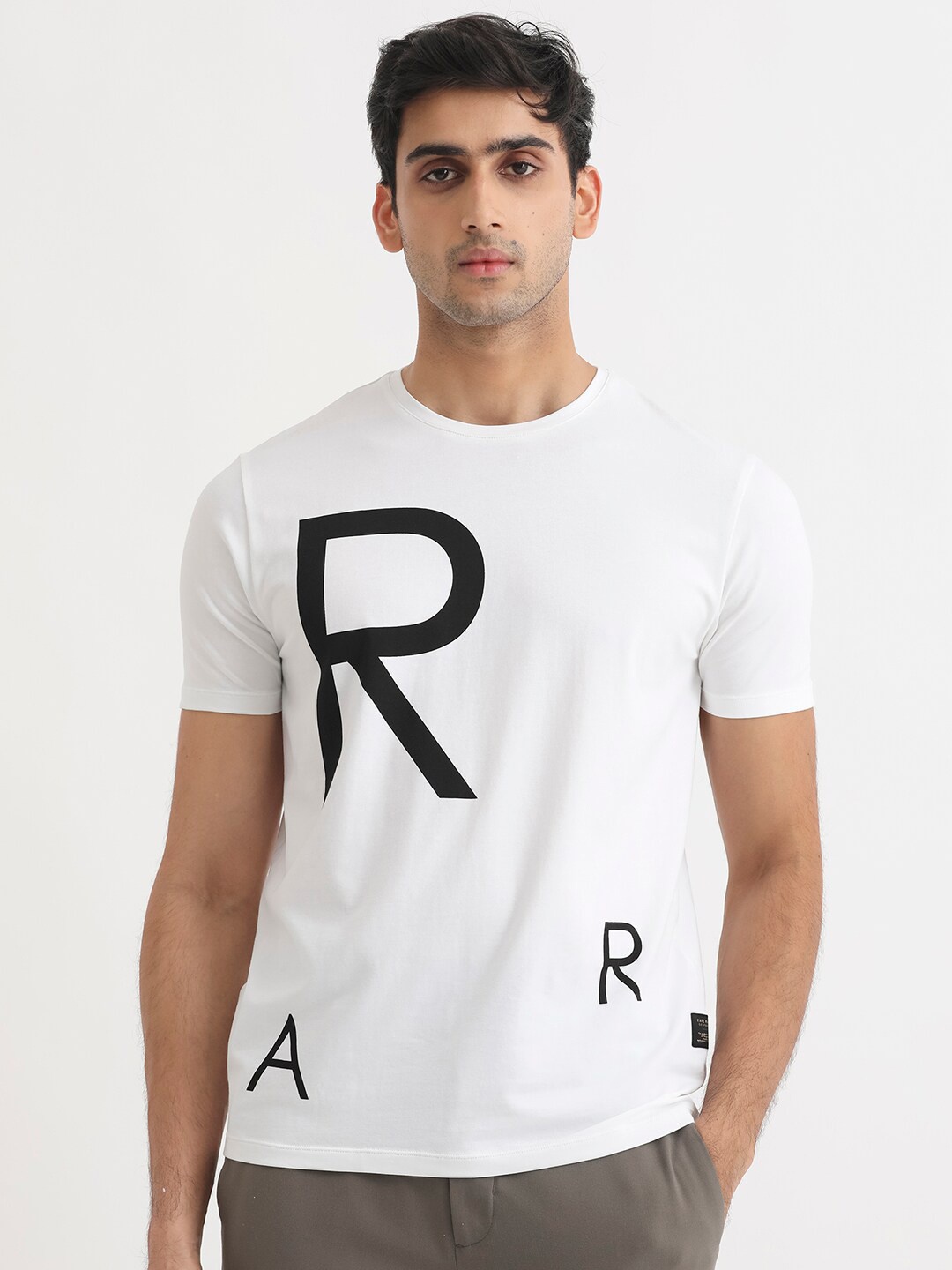

RARE RABBIT Men Drover Typography Printed Pure Cotton Slim Fit T-Shirt, White