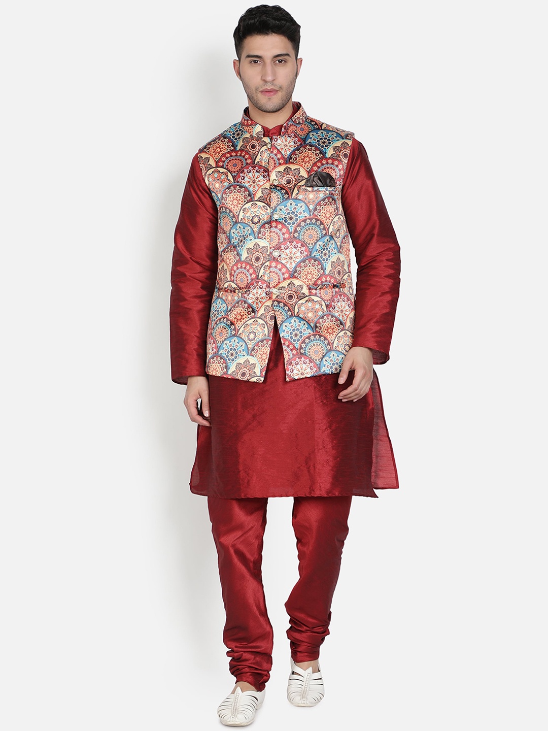 

Armaan Ethnic Mandarin Collar Dupion Silk Kurta with Churidar And Printed Nehru Jacket, Red