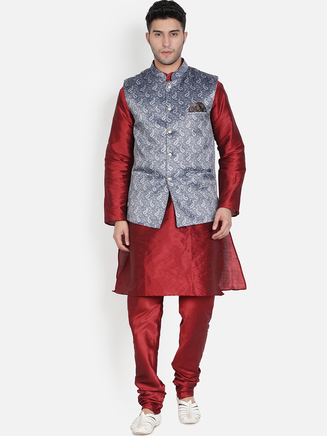 

Armaan Ethnic Mandarin Collar Dupion Silk Kurta with Churidar And Printed Nehru Jacket, Grey