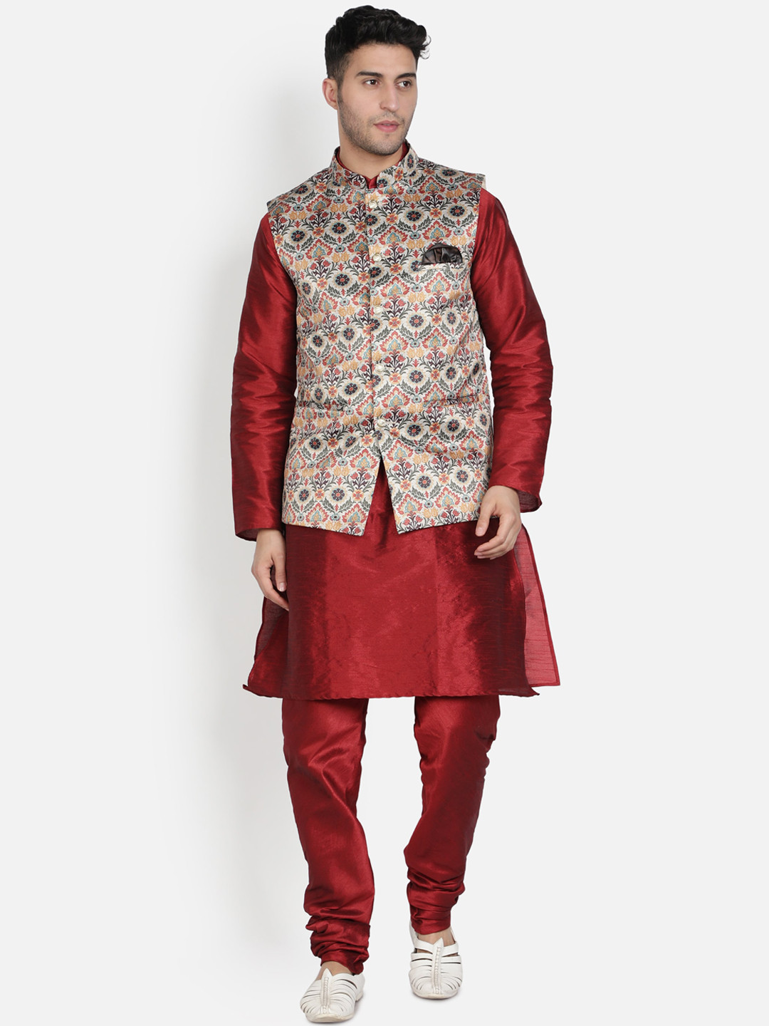 

Armaan Ethnic Mandarin Collar Dupion Silk Kurta with Churidar And Printed Nehru Jacket, Red