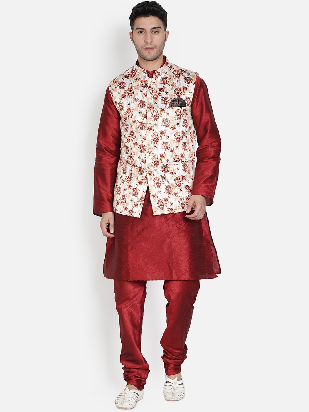 Armaan Ethnic Mandarin Collar Dupion Silk Kurta with Churidar And Printed Nehru Jacket, Red