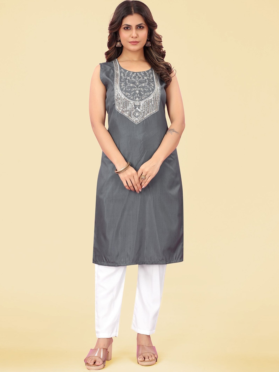 KALINI Ethnic Motifs Embroidered Regular Sequinned Kurta with Trousers, Grey