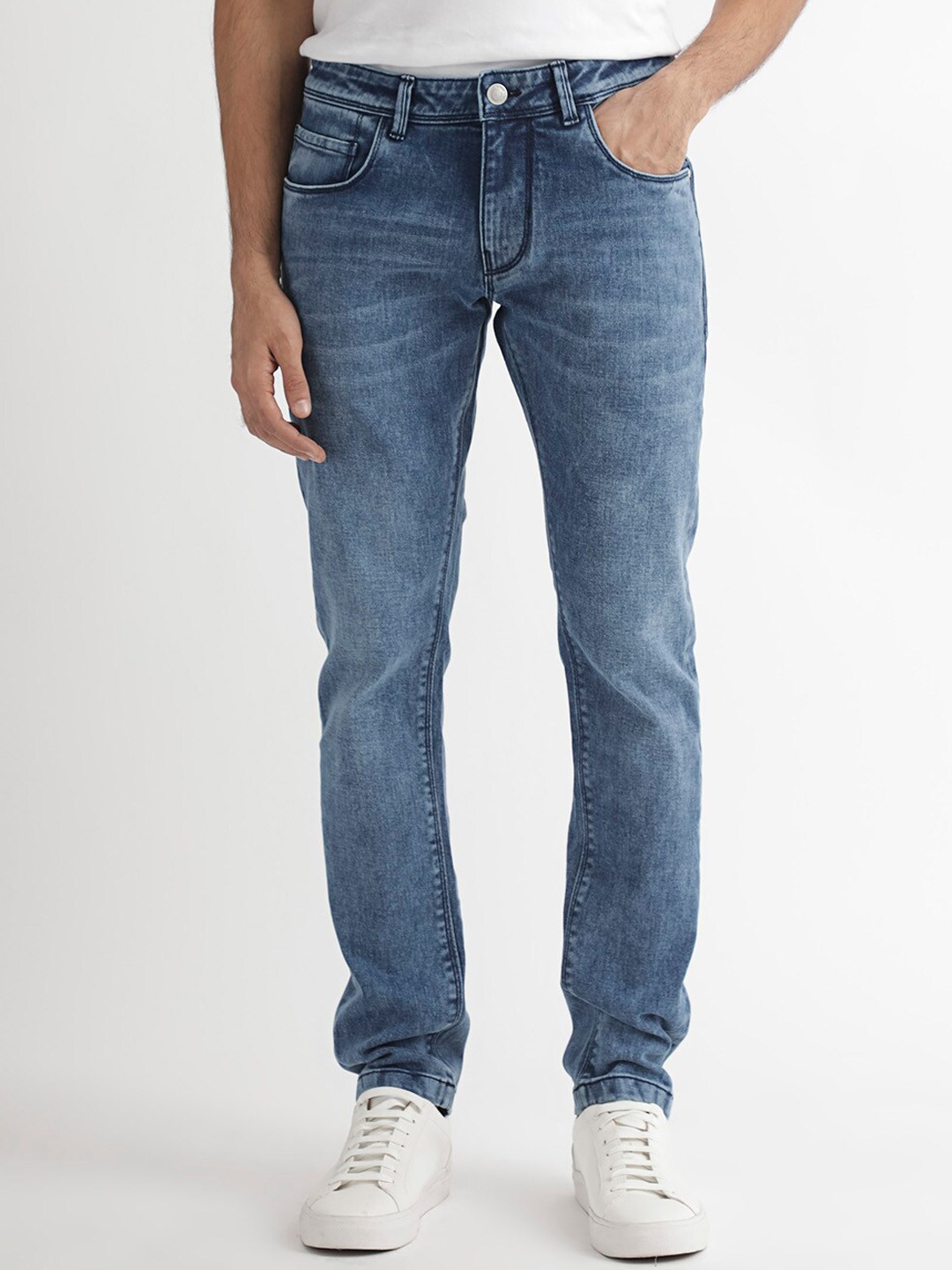 RARE RABBIT Men Widz Mid Rise Slim Fit Stretchable Jeans, Blue