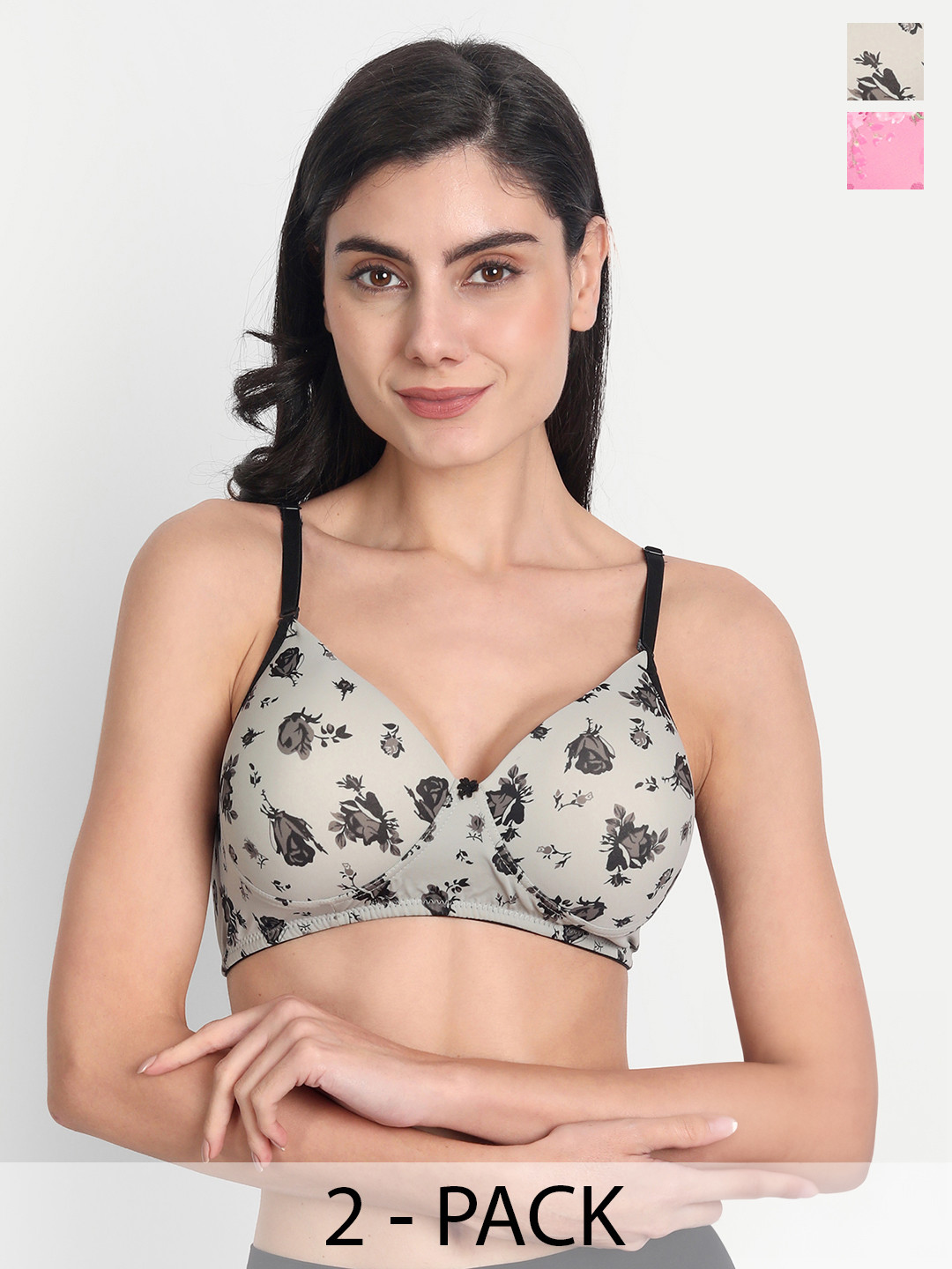 

Aimly Pack Of 2 Floral Printed Dry Fit Padded Non-Wired Full Coverage Push-Up Bra, Grey
