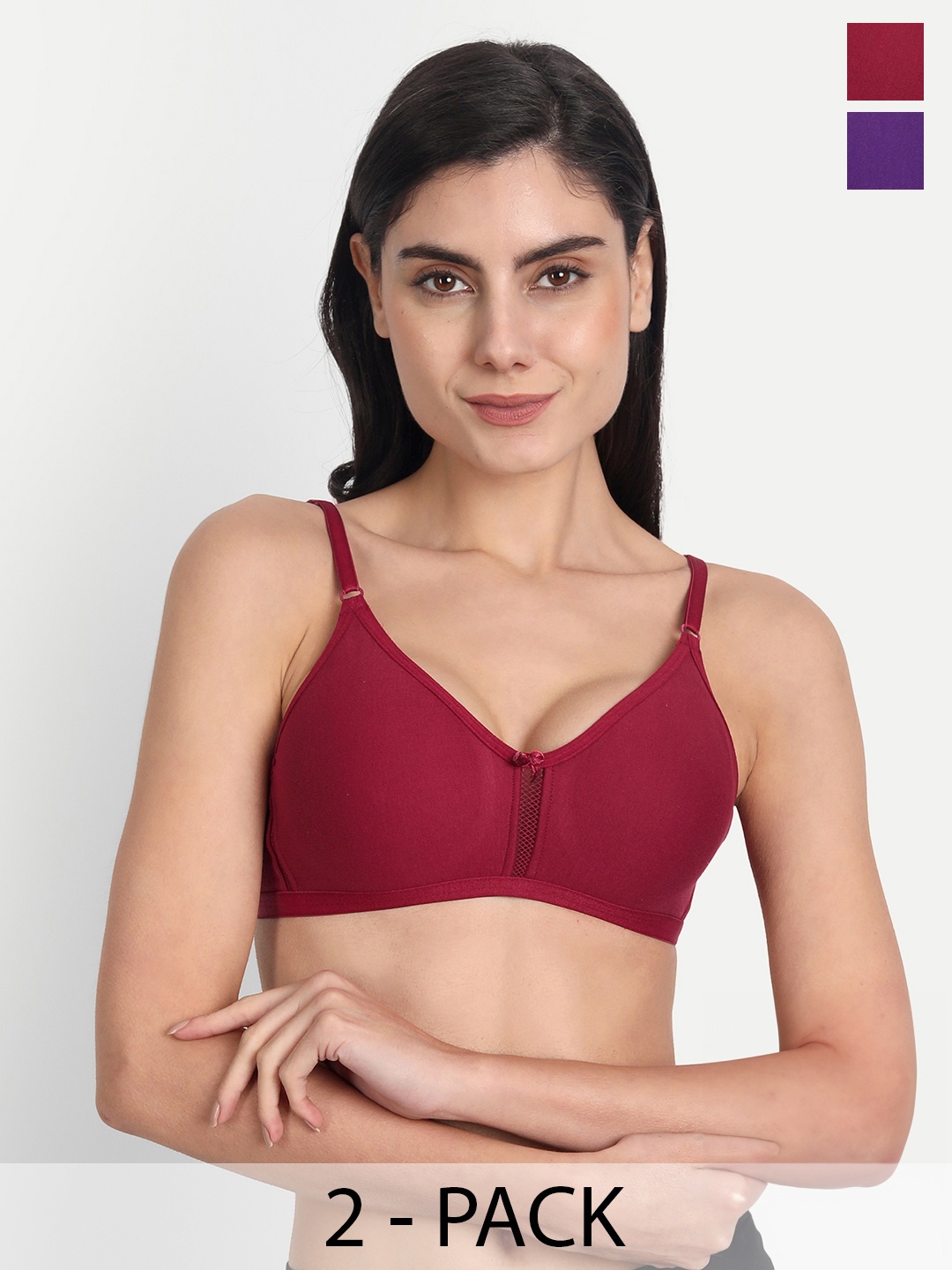 

Aimly Pack Of 2 Seamless Non-Padded Non-Wired Full Coverage Cotton T-Shirt Bra, Maroon