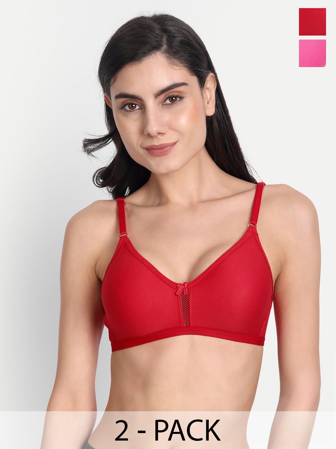 

Aimly Pack Of 2 Seamless Non-Padded Non-Wired Full Coverage Cotton T-Shirt Bra, Red