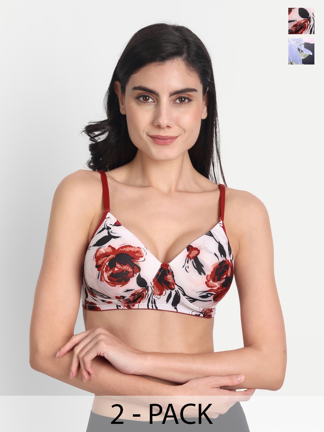 

Aimly Pack Of 2 Floral Printed Dry Fit Padded Non-Wired Full Coverage Push-Up Bra, Maroon