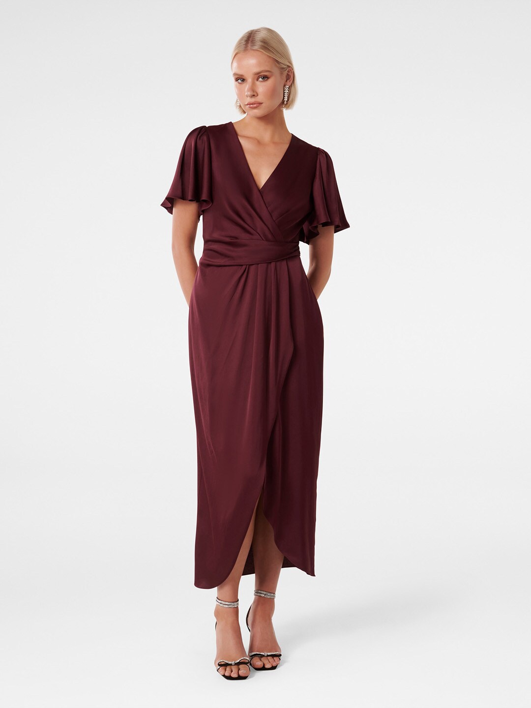 

Forever New V-Neck Flared Sleeve Satin Midi Wrap Dress, Maroon