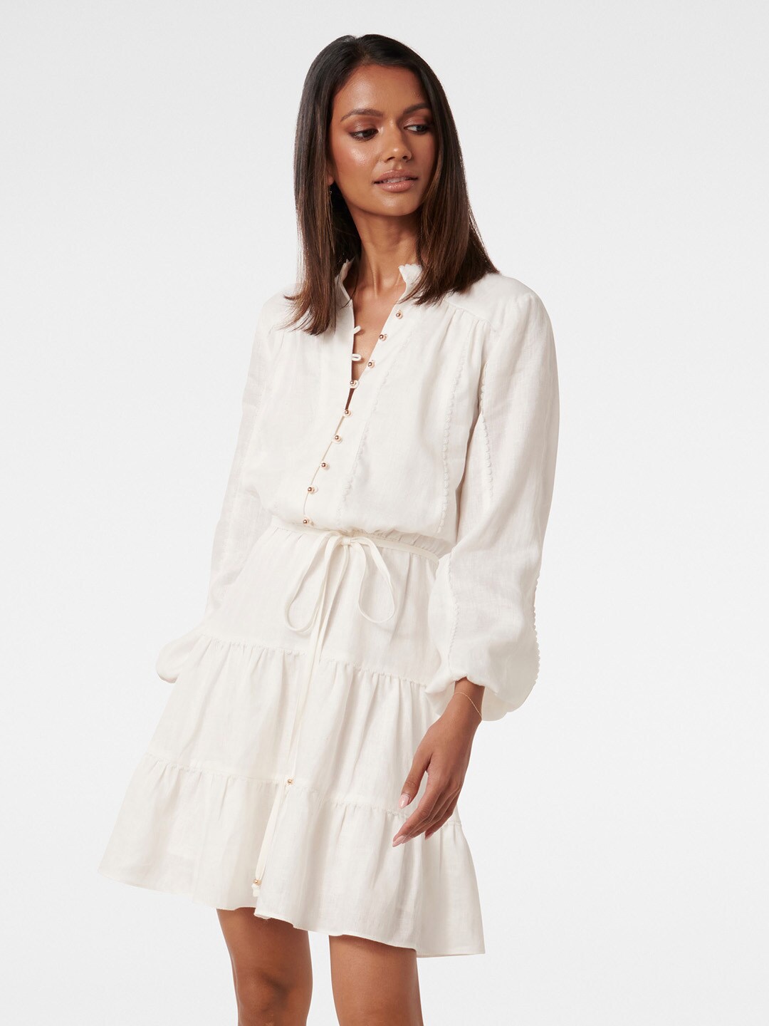 

Forever New Mandarin Collar Flared Sleeves Linen Fit & Flare Dress, White