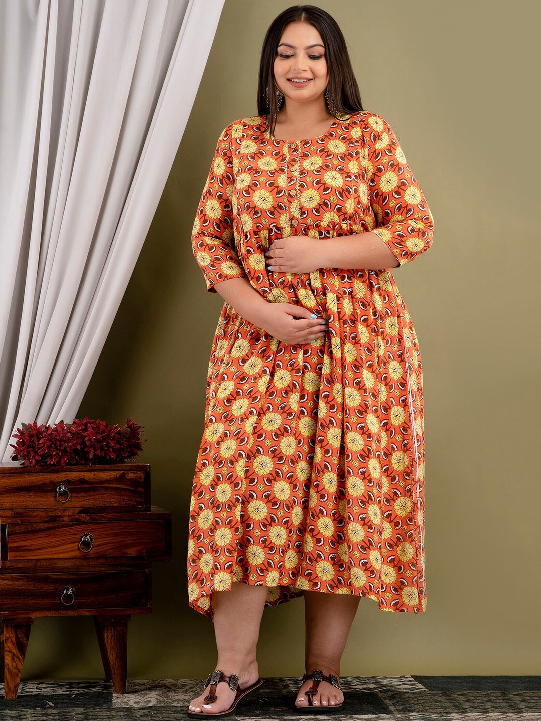 

Mialo fashion Plus Size Ethnic Motifs Printed Gotta Patti Maternity & Feeding Dress, Orange