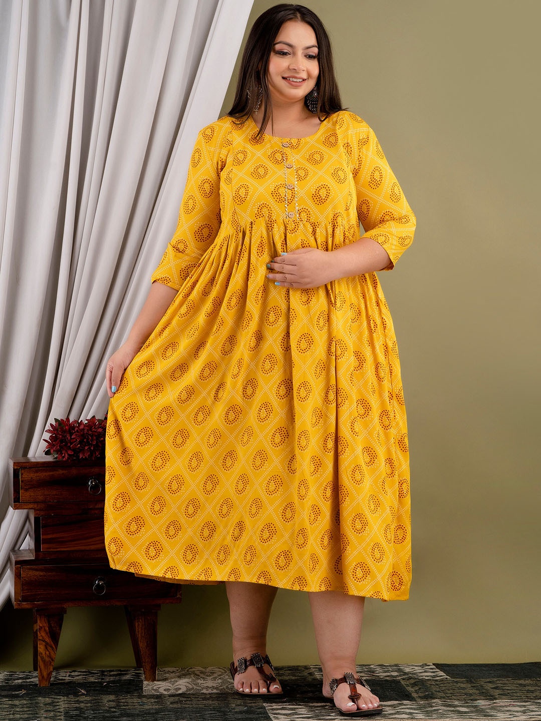 

Mialo fashion Plus Size Ethnic Motifs Printed Gathered Maternity A-Line Ethnic Dress, Yellow