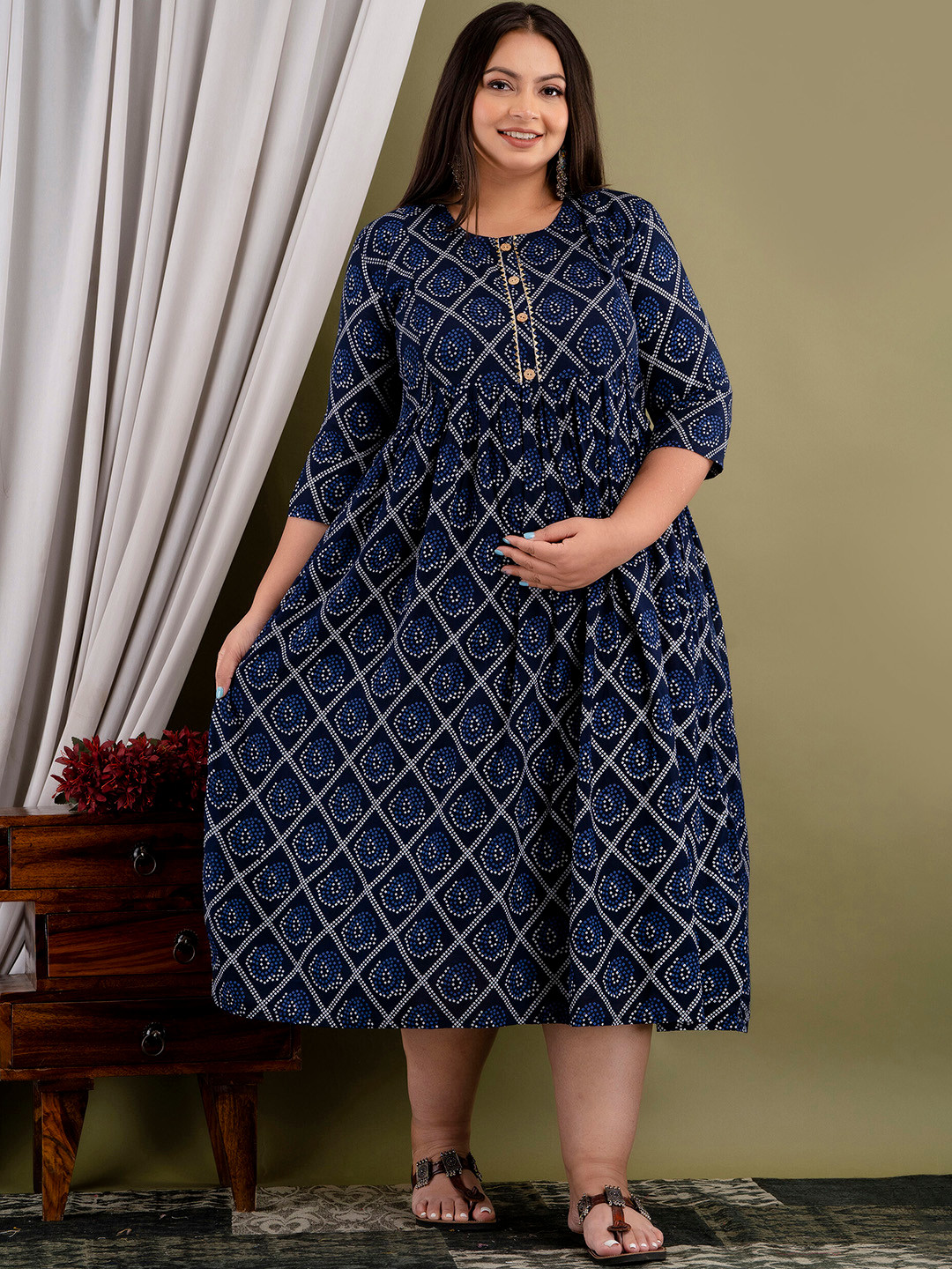 

Mialo fashion Plus Size Ethnic Motifs Printed Gathered Maternity A-Line Ethnic Dress, Blue