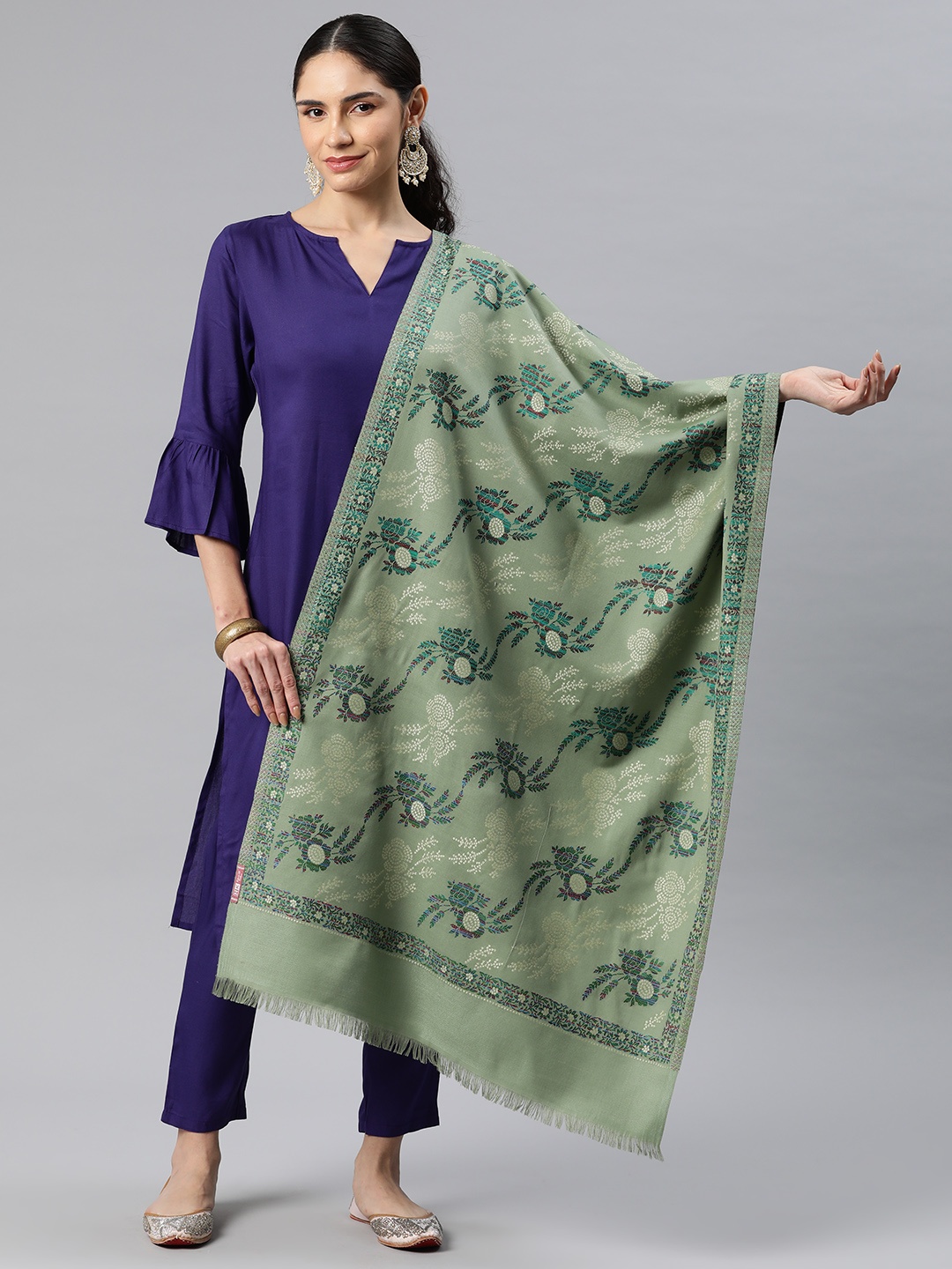 

HK colours of fashion Floral Woven Design Pashmina Stole, Green