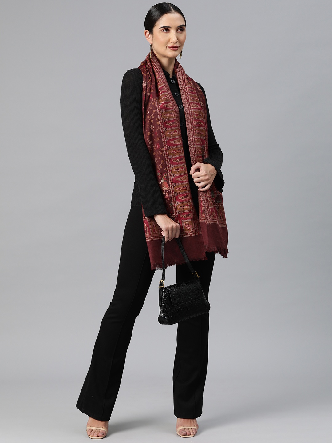

HK colours of fashion Women Floral Woven Design Pashmina Shawl, Maroon