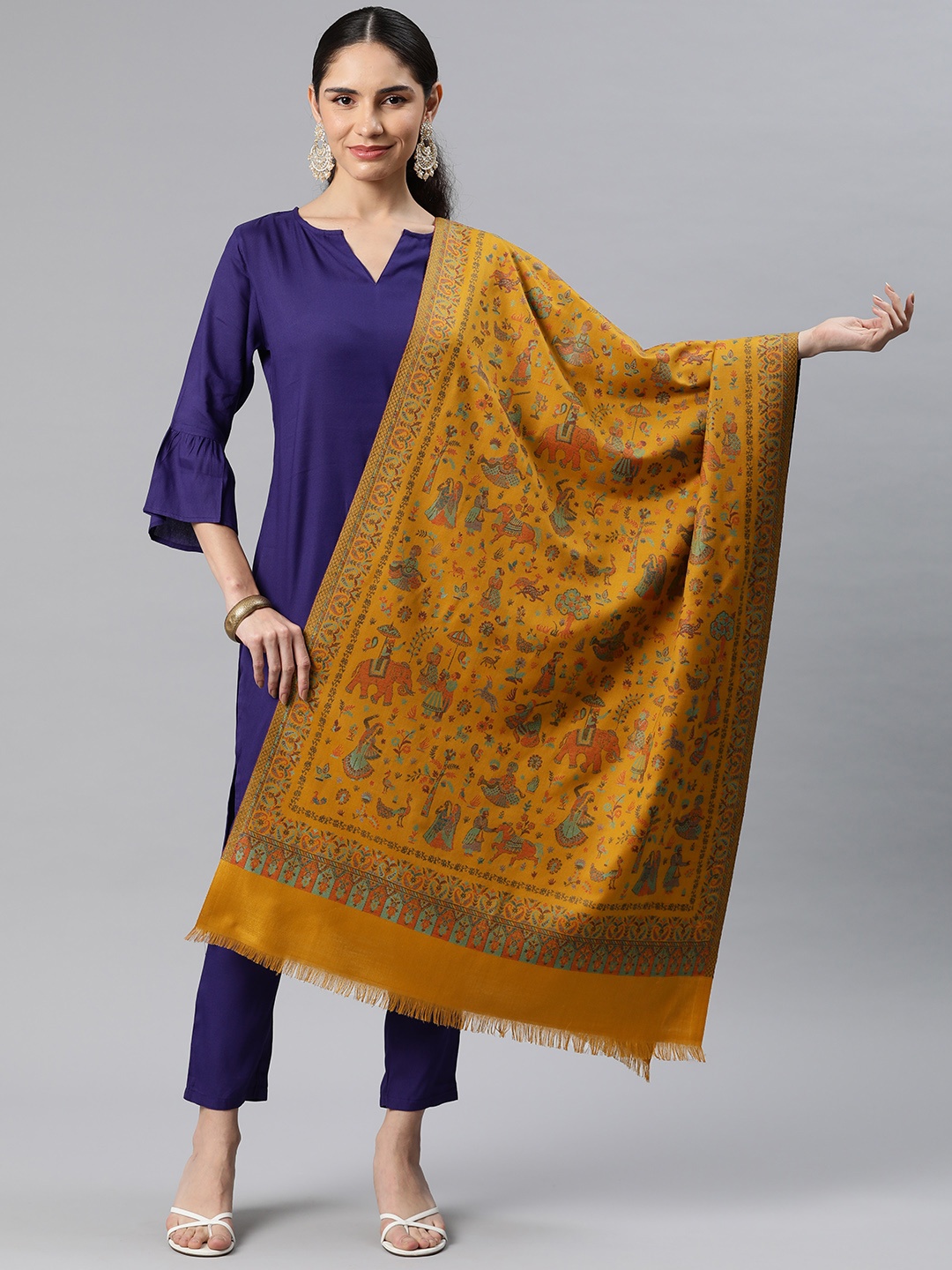 

HK colours of fashion Ethnic Motifs Woven Design Pashmina Stole, Mustard