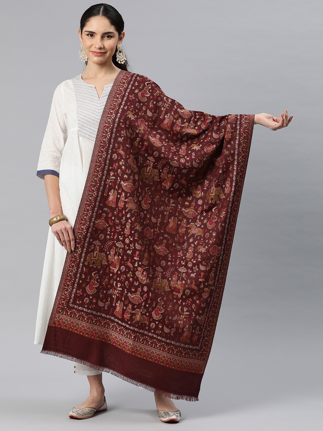 

HK colours of fashion Ethnic Motifs Woven Design Pashmina Stole, Maroon