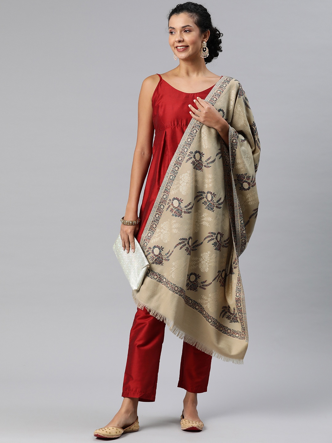 

HK colours of fashion Floral Woven Design Pashmina Stole, Beige