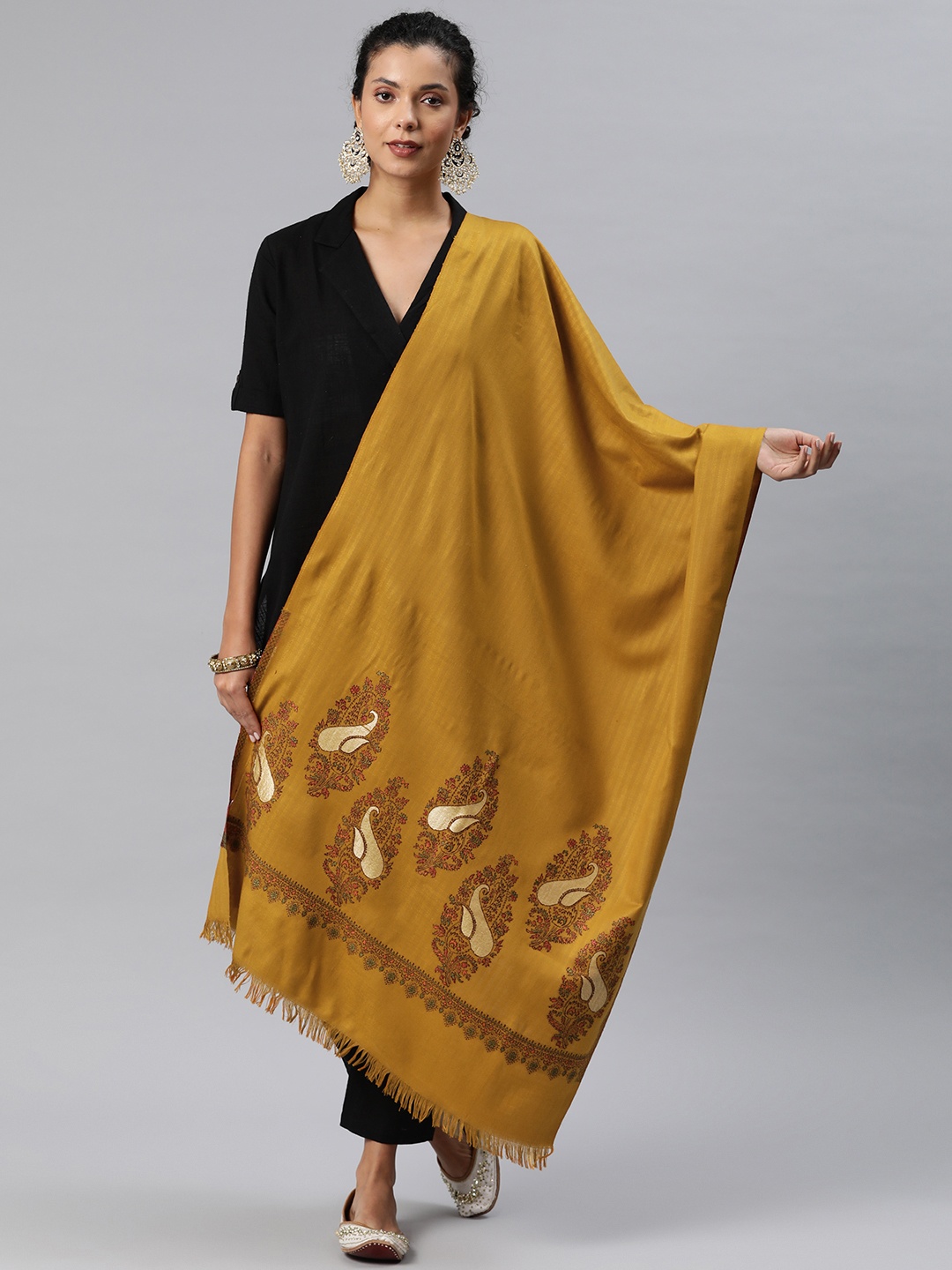 

HK colours of fashion Paisley Woven Design Pashmina Stole, Mustard