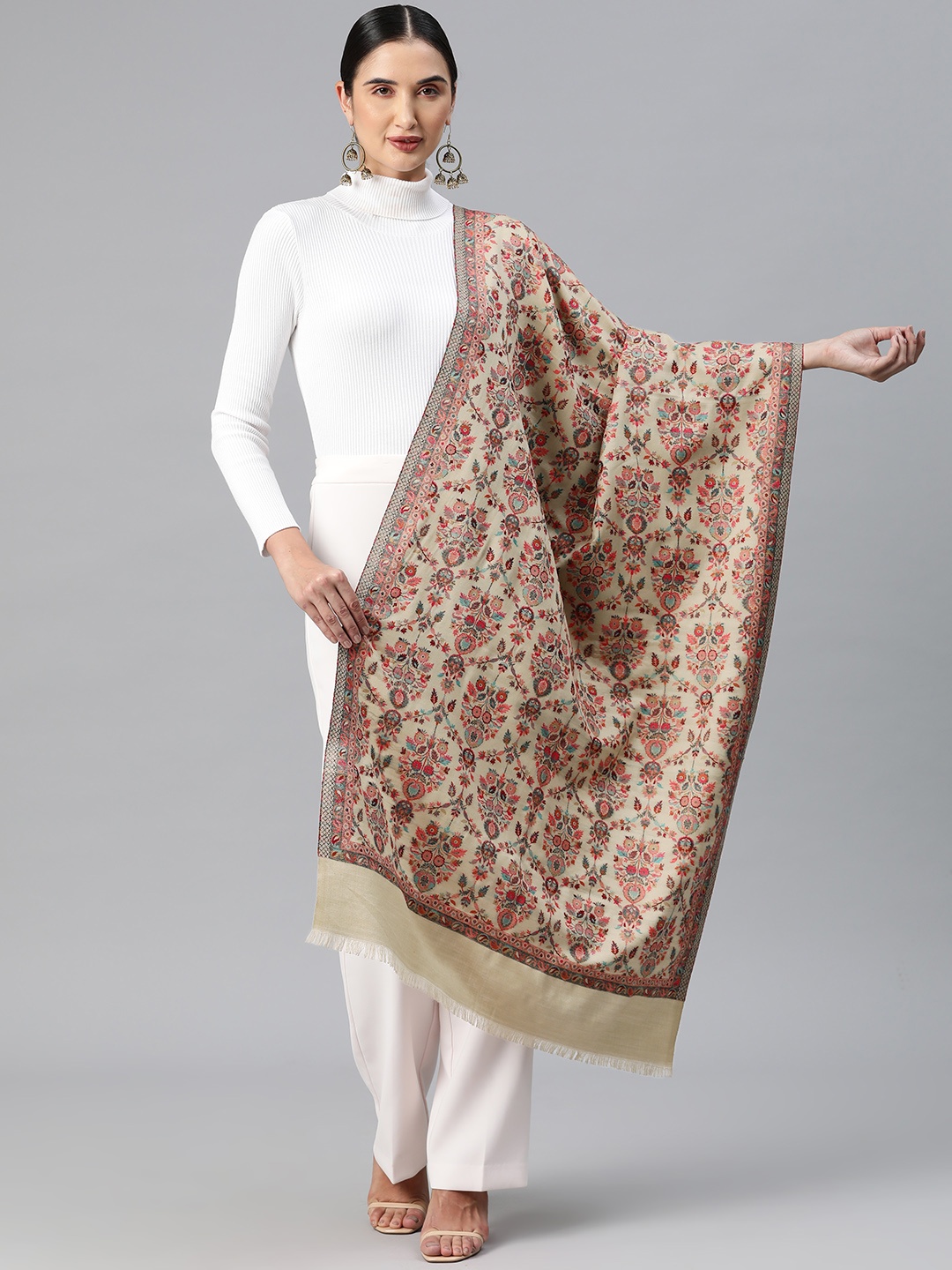 

HK colours of fashion Women Floral Woven Design Pashmina Shawl, Beige