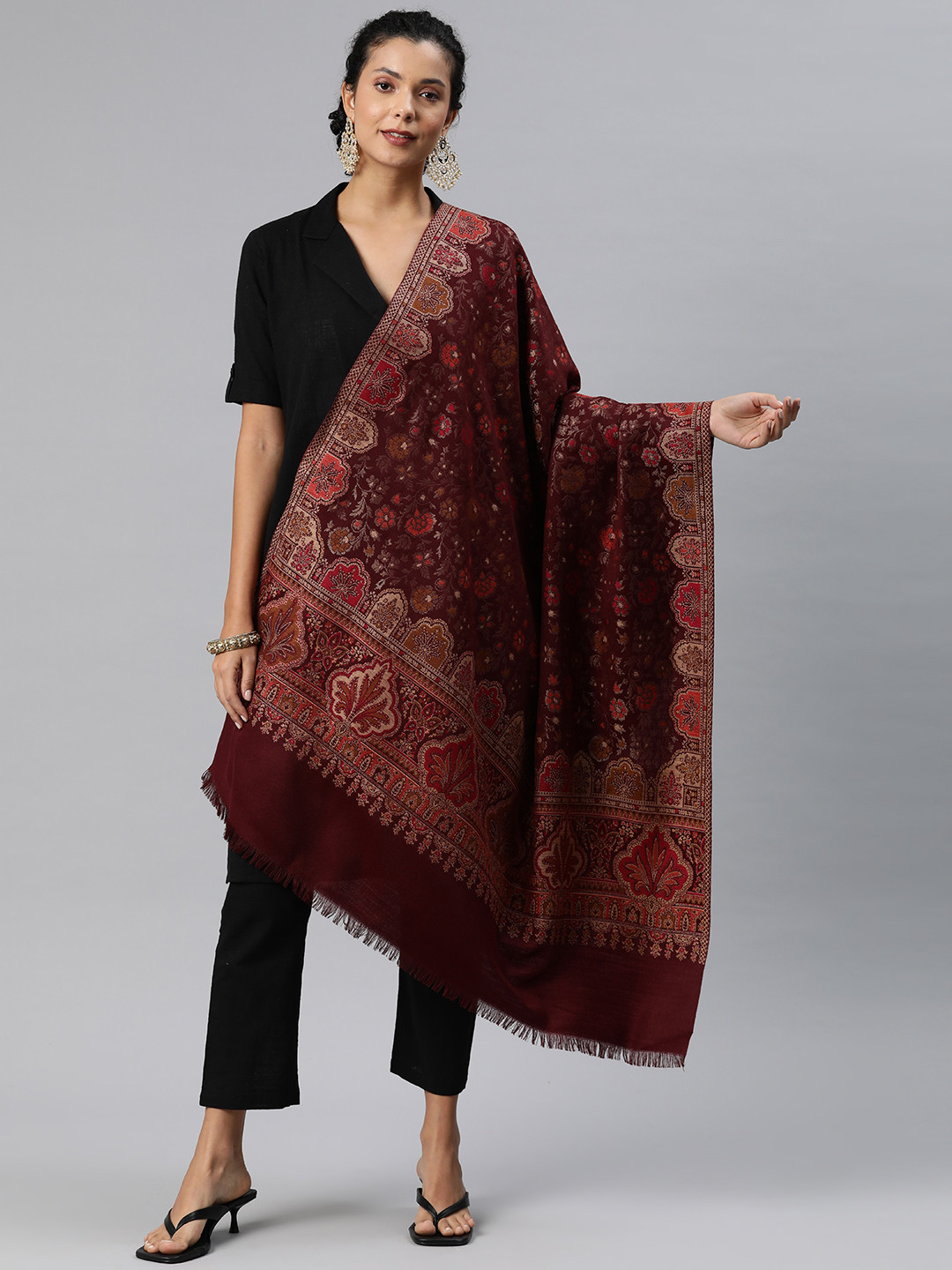

HK colours of fashion Women Floral Woven Design Pashmina Shawl, Maroon