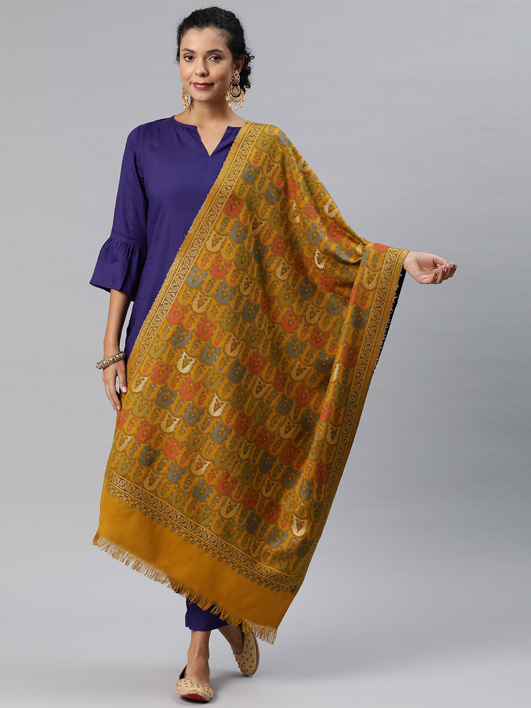 

HK colours of fashion Women Ethnic Motifs Woven Design Pashmina Shawl, Mustard