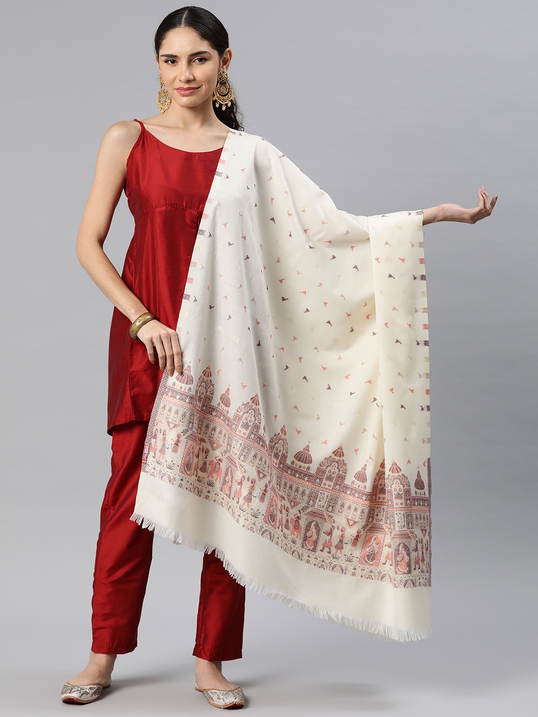 

HK colours of fashion Women Tribal Woven Design Pashmina Shawl, Off white