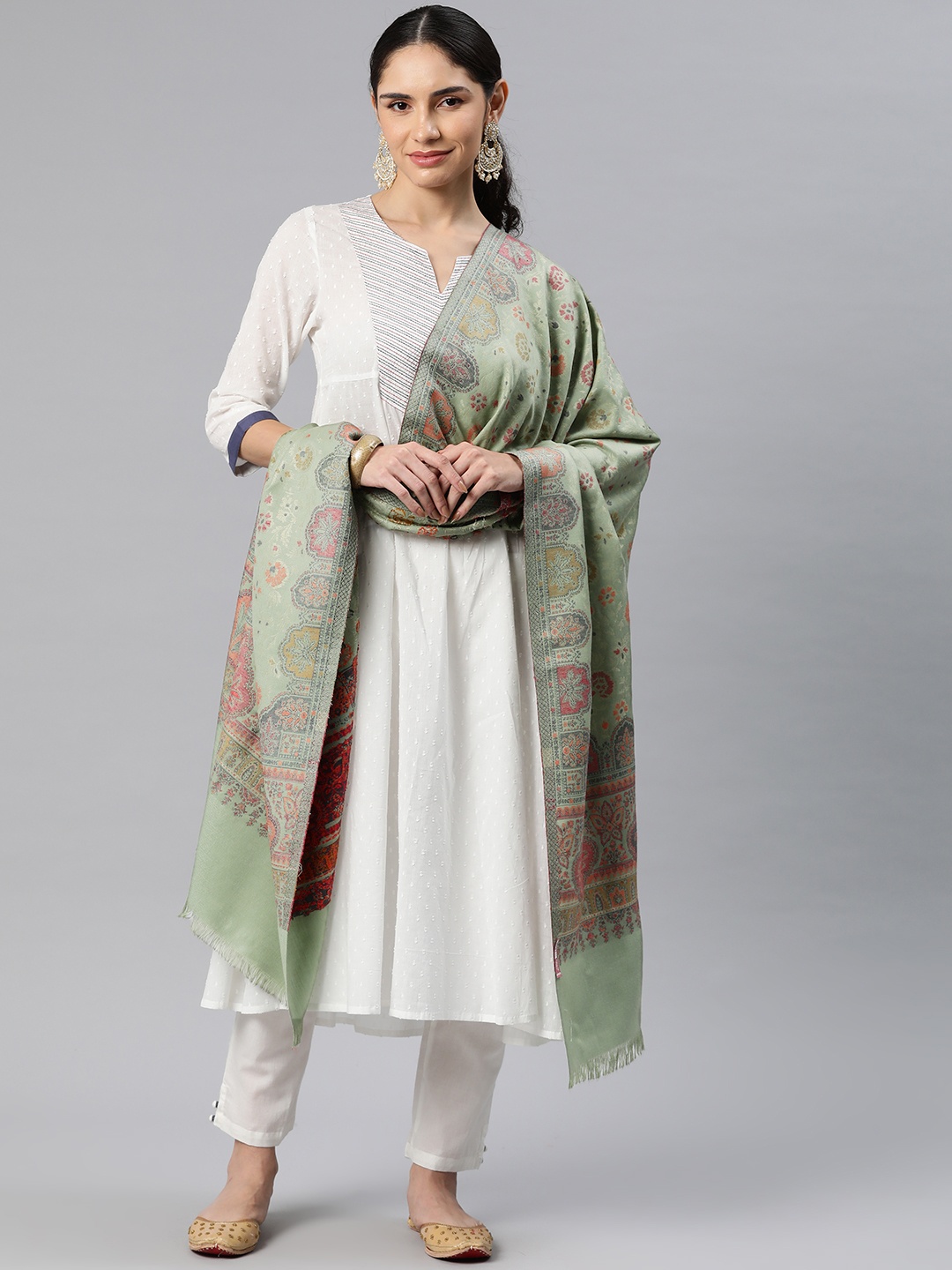 

HK colours of fashion Women Floral Woven Design Pashmina Shawl, Green