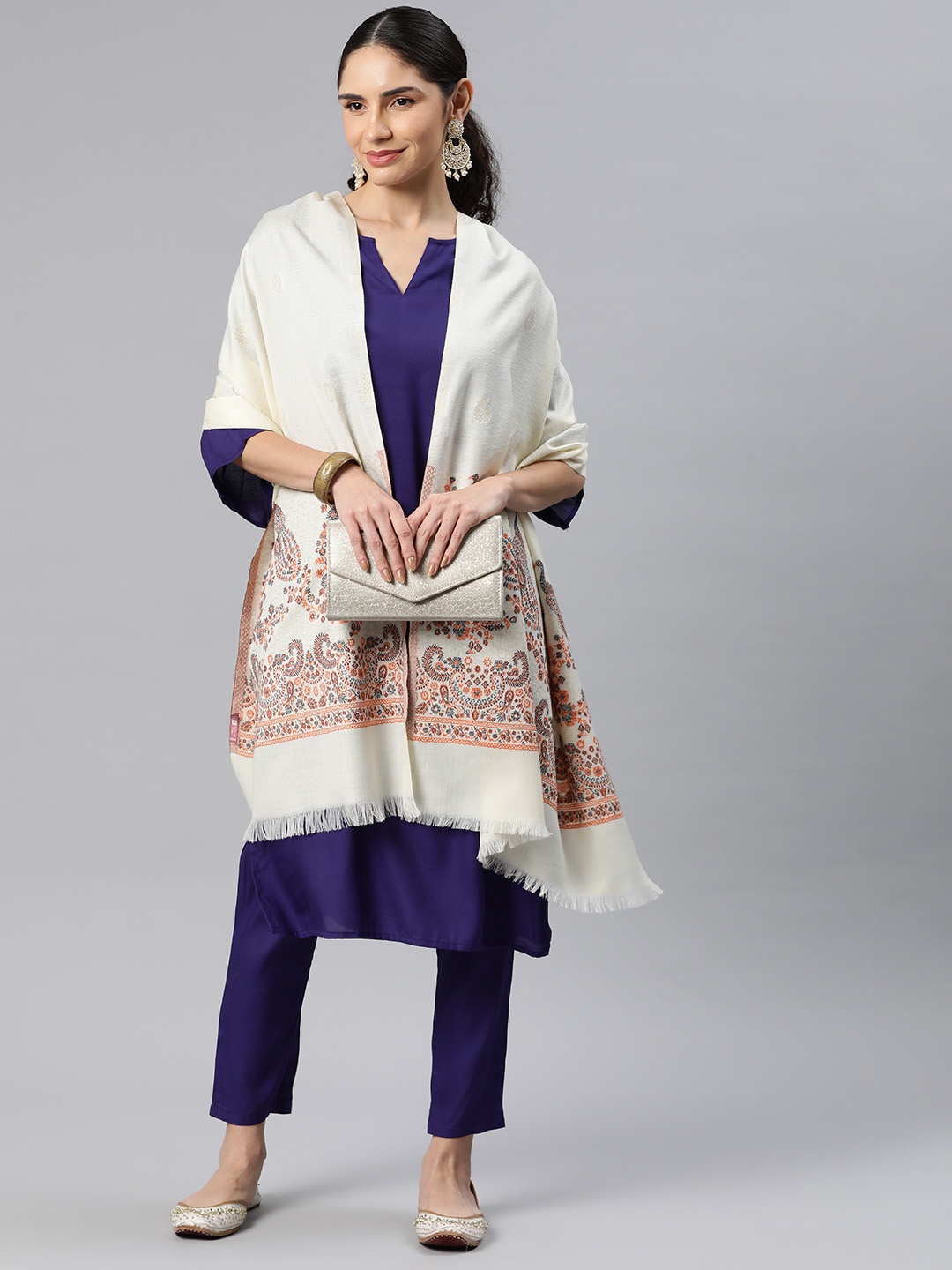 

HK colours of fashion Ethnic Motifs Woven Design Pashmina Stole, Off white