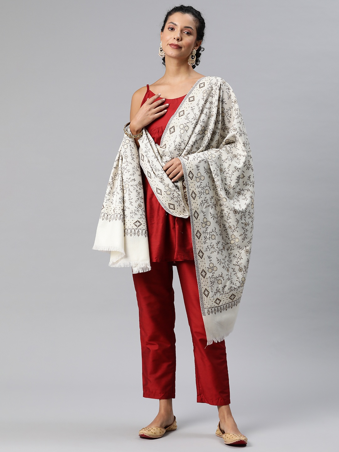 

HK colours of fashion Floral Woven Design Pashmina Stole, Off white