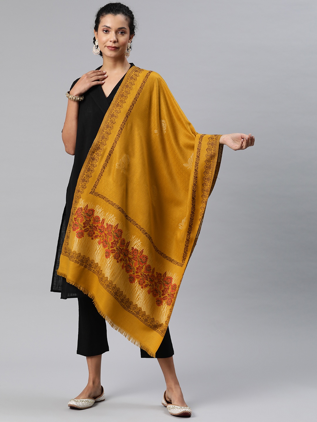 

HK colours of fashion Floral Woven Design Pashmina Stole, Mustard