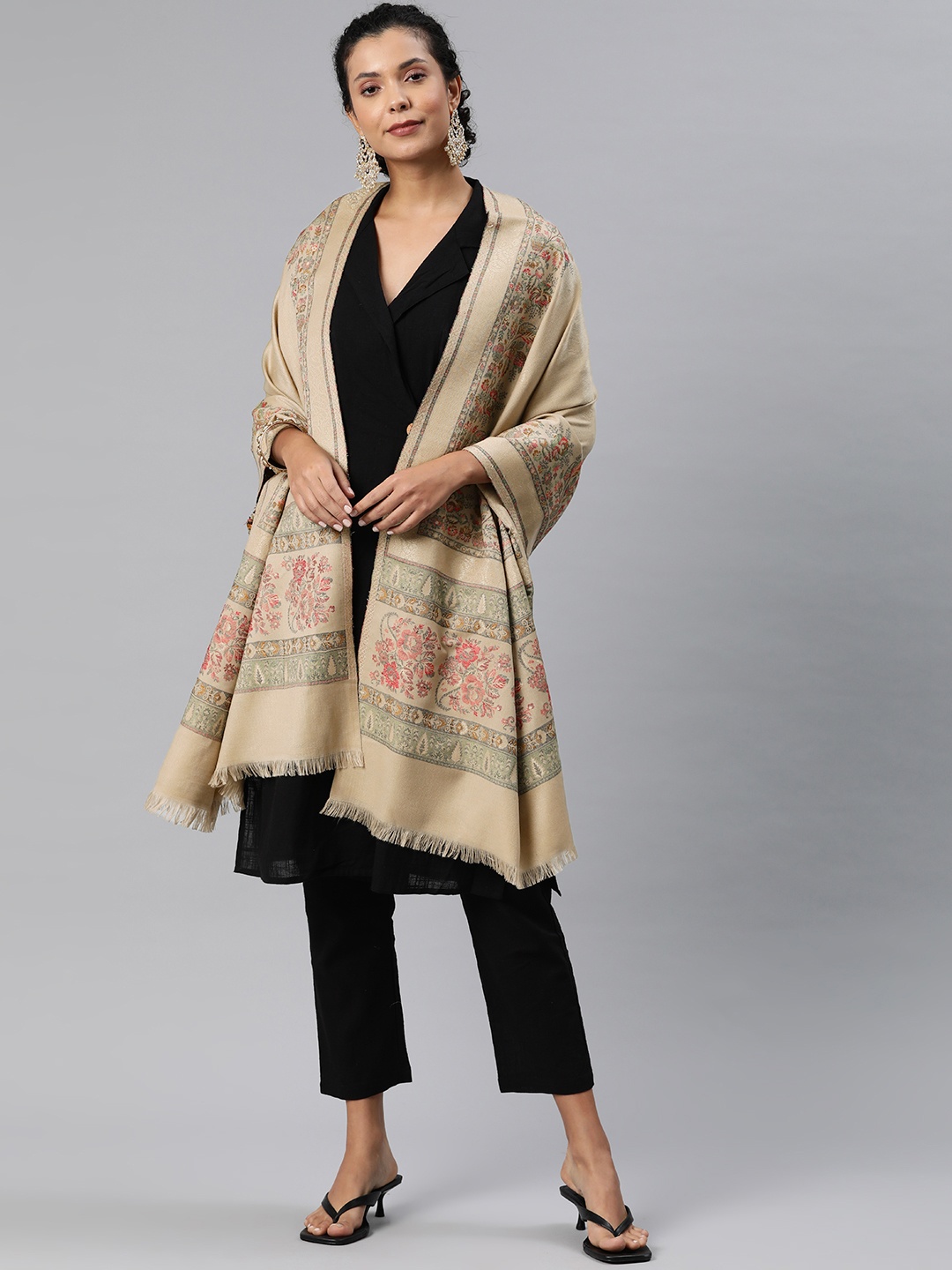 

HK colours of fashion Women Floral Woven Design Pashmina Shawl, Beige