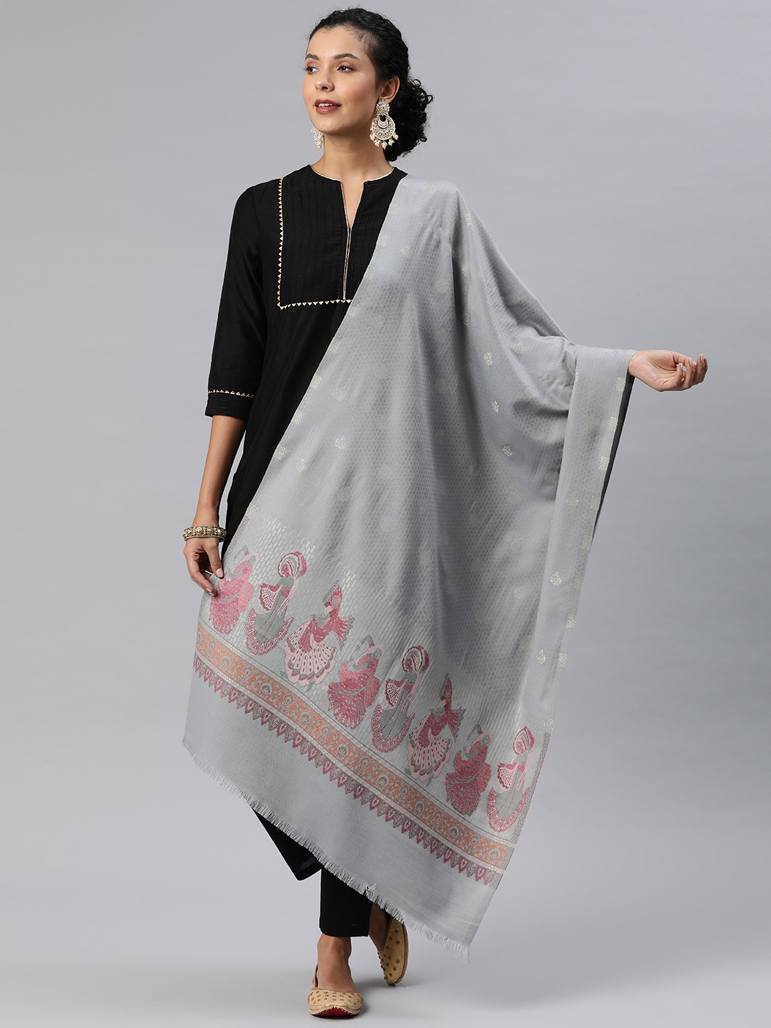 

HK colours of fashion Ethnic Motifs Woven Design Pashmina Stole, Grey