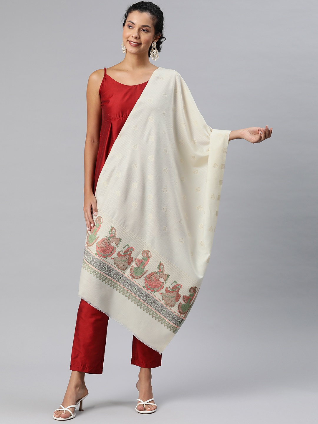 

HK colours of fashion Ethnic Motifs Woven Design Pashmina Stole, Off white