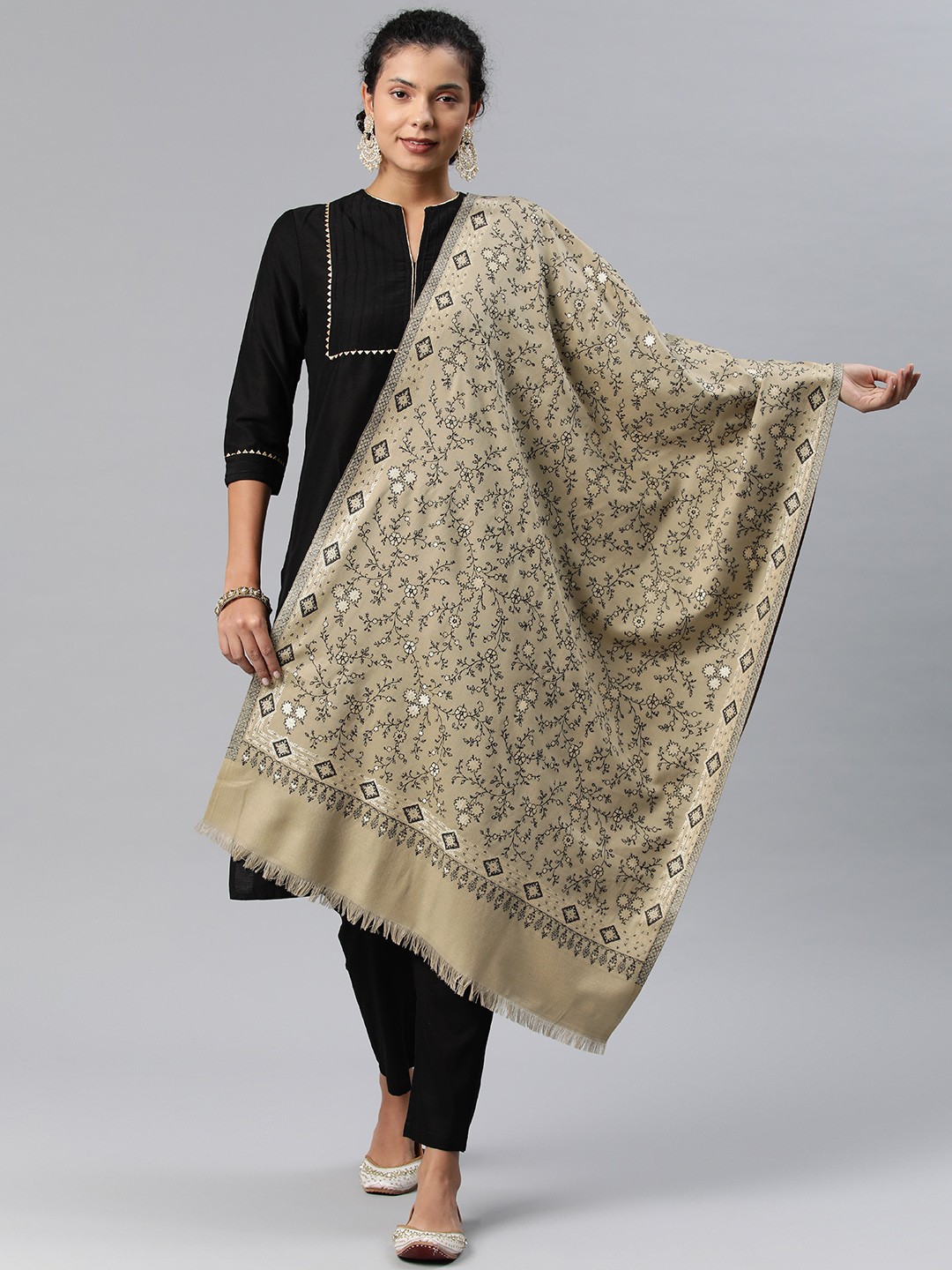 

HK colours of fashion Floral Woven Design Pashmina Stole, Beige