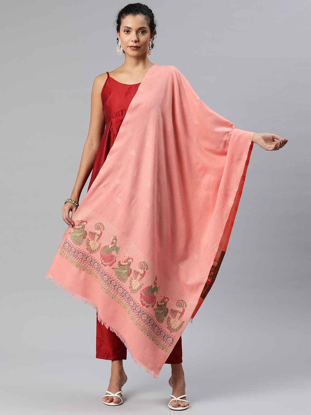 

HK colours of fashion Ethnic Motifs Woven Design Pashmina Stole, Pink