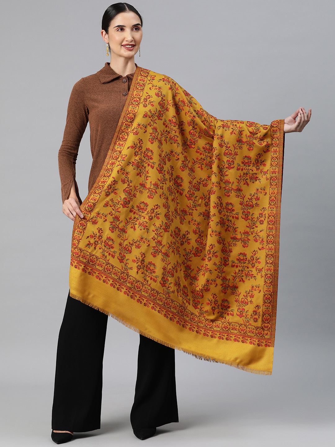 

HK colours of fashion Women Floral Woven Design Pashmina Shawl, Mustard